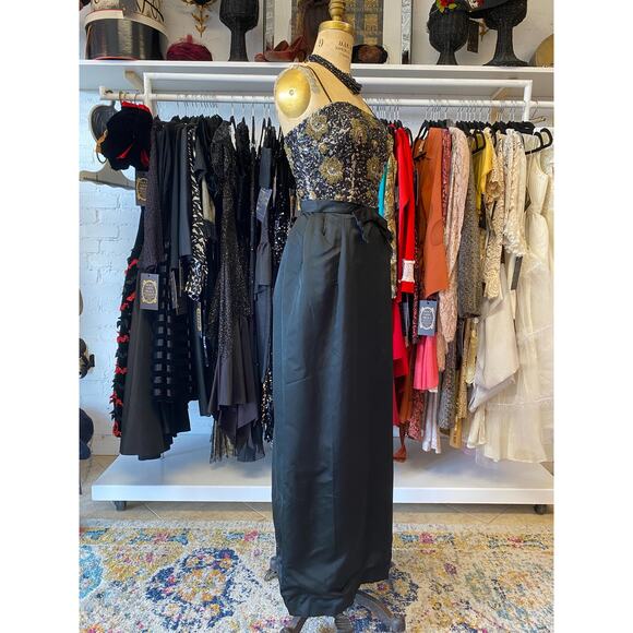 vintage 1960s black silk beaded maxi dress 60s formal gown metallic eyelash xs - Picture 5 of 10